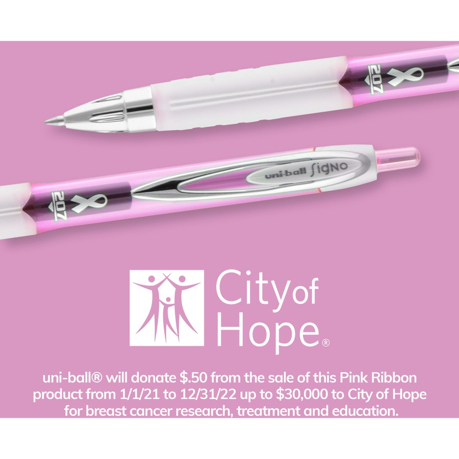 uniball™ 207 Pink Ribbon Gel Pens - Medium Pen Point - 0.7 mm Pen Point Size - Refillable - Retractable - Black Gel-based Ink - Pink Barrel - 1 Each