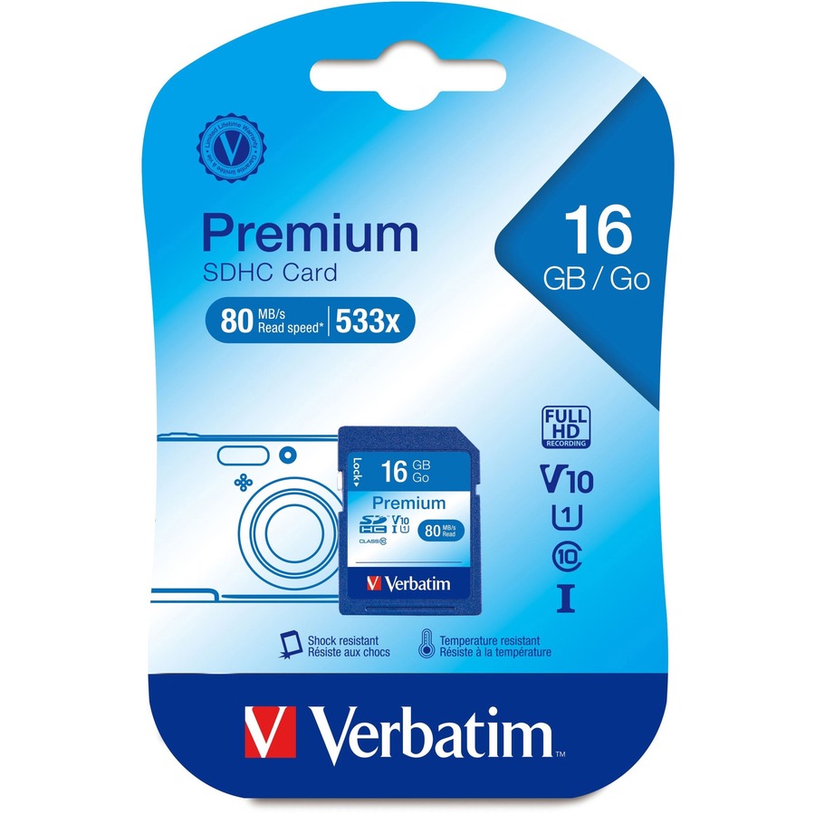 Verbatim 16GB Premium SDHC Memory Card, UHS-I V10 U1 Class 10 - 45 MB/s Read - Lifetime Warranty - Memory Cards/Sticks - VER96808