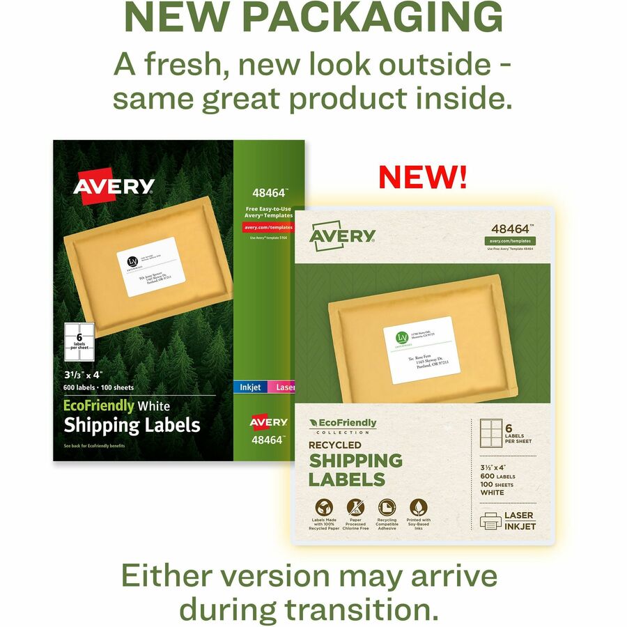 Avery Eco-Friendly Shipping Labels for for Laser and Inkjet Printers, 3?" x 4" - 3 21/64" Width x 4" Length - Permanent Adhesive - Rectangle - Laser, Inkjet - Matte - White - Paper - 6 / Sheet - 100 Total Sheets - 600 Total Label(s) - 600 / Box - Recyclab