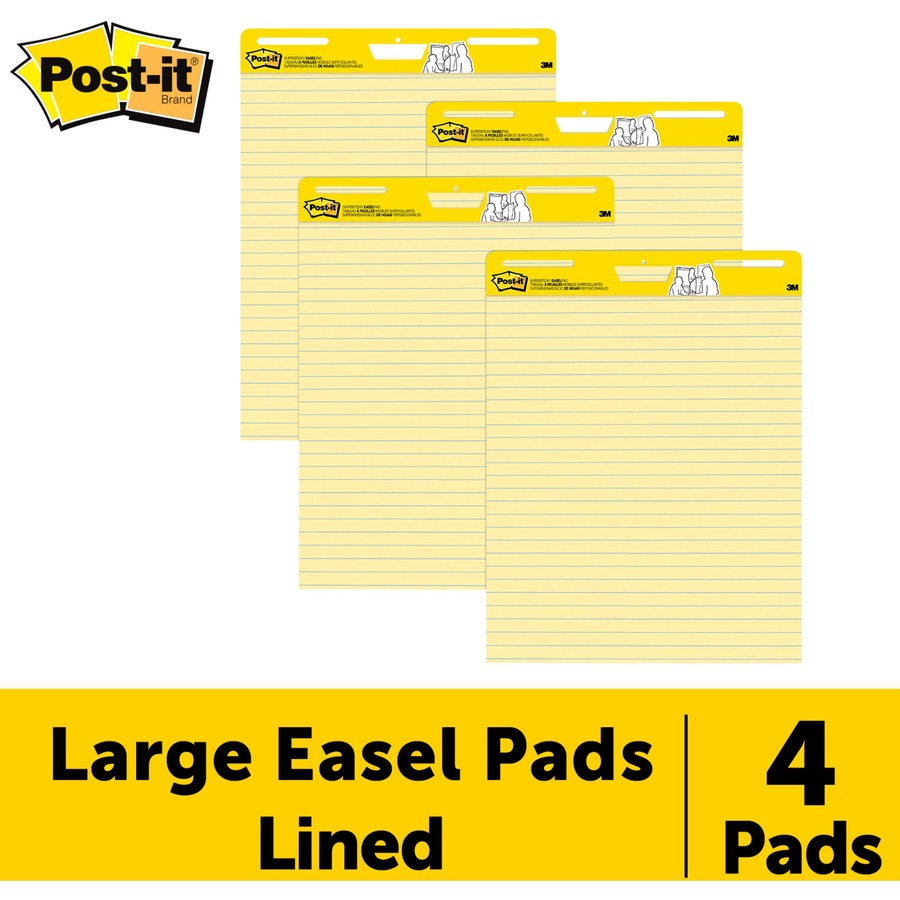 Post-it® Super Sticky Easel Pad - 30 Sheets - Stapled - Feint Blue Margin - 18.50 lb Basis Weight - 25" x 30" - Canary Yellow Paper - Self-adhesive, Bleed-free, Perforated, Repositionable, Resist Bleed-through, Removable, Sturdy Back, Cardboard Back -