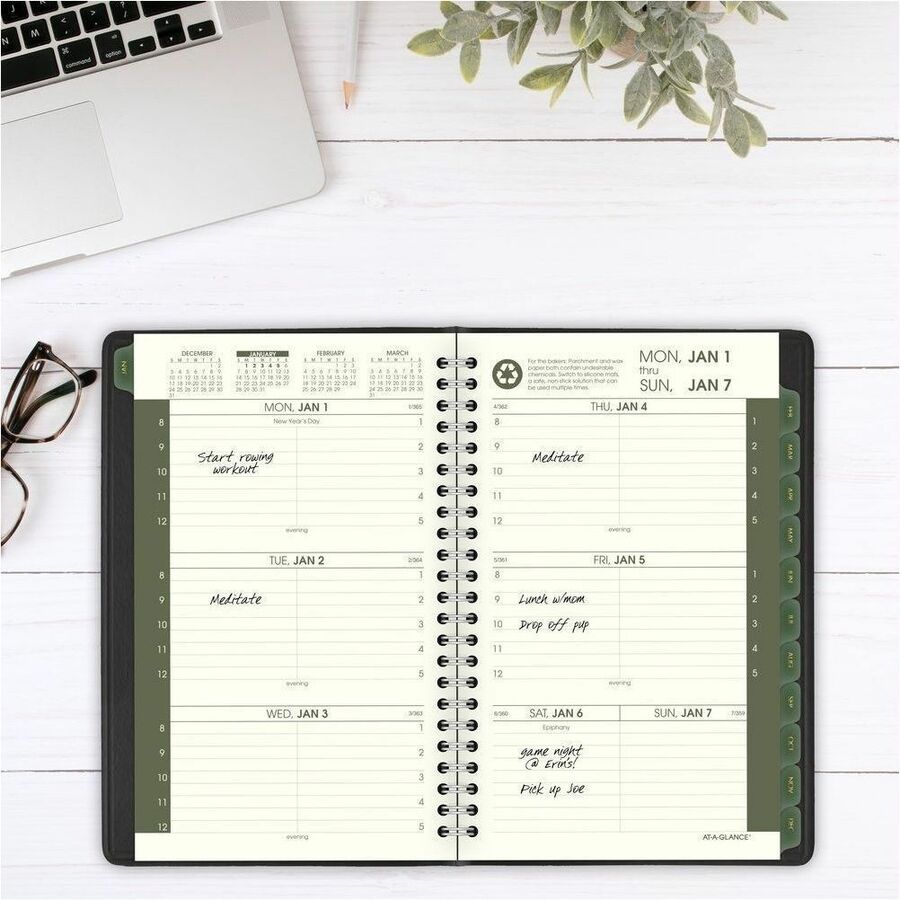 At-A-Glance Recycled Appointment Book Planner - Julian Dates - Weekly - January 2024 - December 2024 - 8:00 AM to 5:00 PM - Hourly - 1 Week Double Page Layout - 4 7/8" x 8" Sheet Size - Desk Pad - Black - Tabbed, Phone Directory, Address Directory - 1 Eac