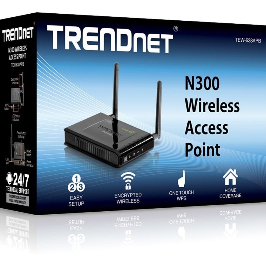 TRENDnet Wireless N300 2T2R Detachable antennas; Access Point; 2.4Ghz 300Mbps; 802.11b/g/n; AP/WDS/Client/Bridge; 2x2 dBi; TEW-638APB