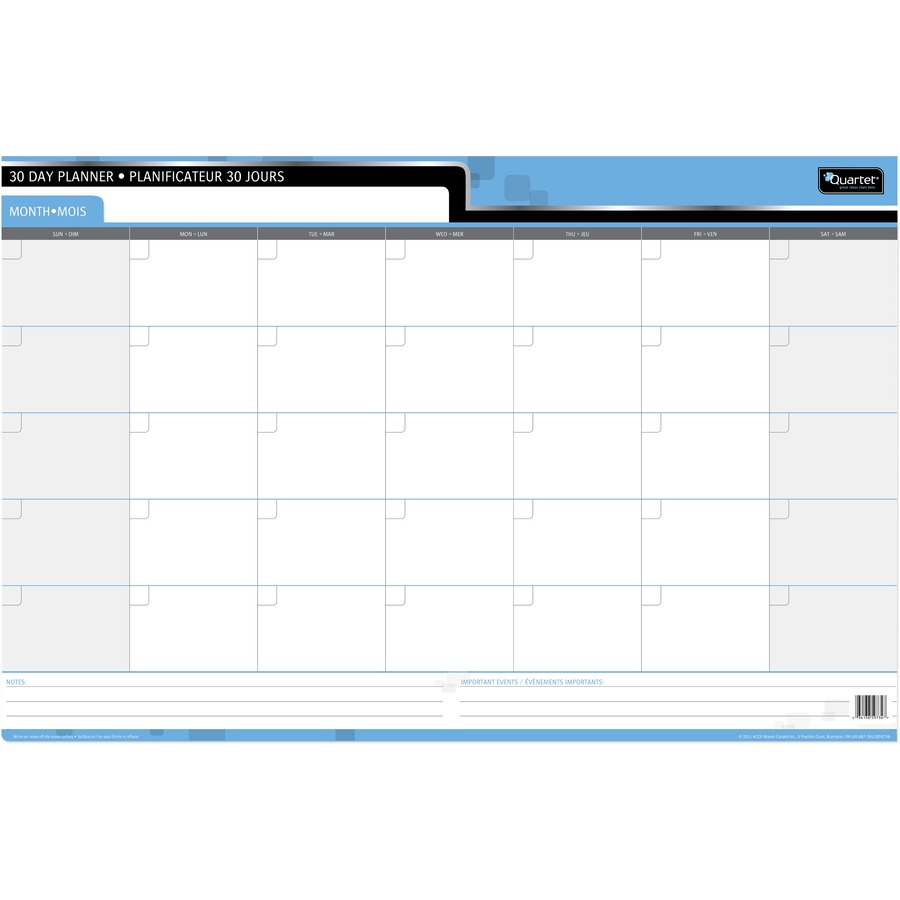 Quartet 30/60 Day Laminated Planner - Monthly - 24" x 36" Sheet Size - Bilingual - 1 Each - Organizer Boards - DTM59734