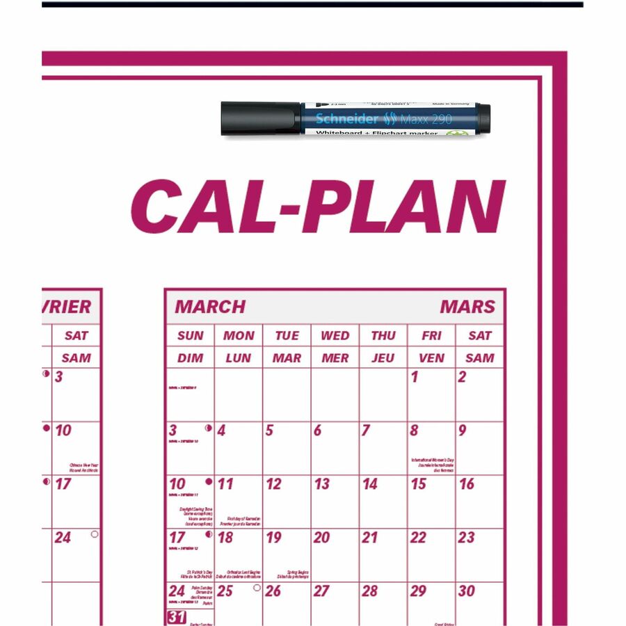 Blueline Wall Calendar - Yearly - January 2021 till December 2021 - 24" x 36" Sheet Size - Bilingual, Laminated, Erasable, Eyelet - 1 Each - Wall Calendars - BLIC177367