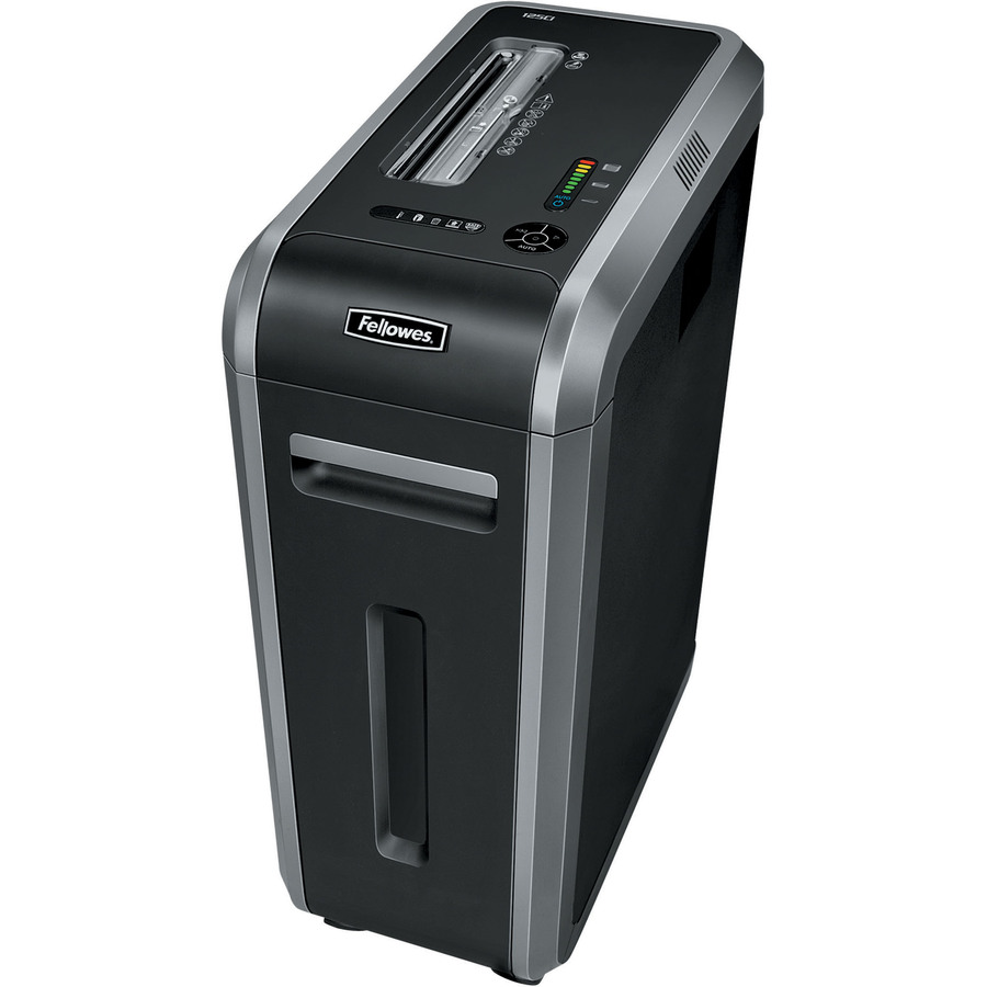 Powershred 125Ci Cross-Cut Shredder can shred up to 20 sheets of paper per pass into 397 (5/32" x 1-1/2" Security Level P-4) cross-cut particles. This machine also safely shreds CDs/DVDs, credit cards, staples, paper clips and junk mail. Achieve hassle-free shredding with all of the features the 125Ci has to offer. Get three levels of advanced jam prevention with Fellowes 100 percent Jam Proof System that eliminates paper jams, powers through tough jobs and maximizes productivity. To protect more than your identity, the patented SafeSense Technology is designed with an electronic safety sensor that surrounds the paper entry and automatically disables the shredder when hands touch the paper opening. Also, the 125Ci's SilentShred Technology and Energy Savings System allow this machine to integrate easily to any environment. With the ability to shred continuously, the 125Ci is ideal for shared use and includes a 14-gallon pullout bin. More from the Manufacturer 