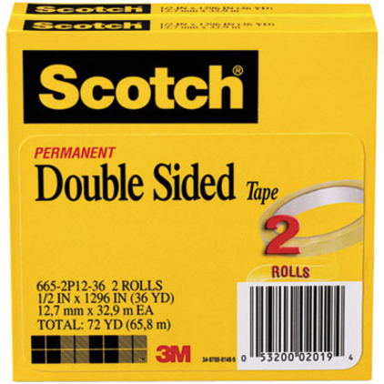Scotch Permanent Double-Sided Tape - 1/2"W - 36 yd Length x 0.50" Width - 3" Core - Long Lasting - For Attaching, Mounting - 2 / Pack - Clear