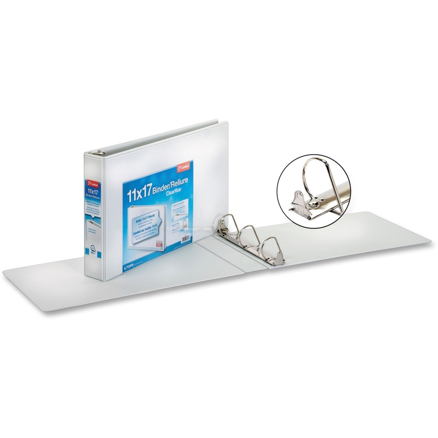 Cardinal ClearVue Overlay Tabloid D-Ring Binders - 2" Binder Capacity - Tabloid - 11" x 17" Sheet Size - 540 Sheet Capacity - 2 3/4" Spine Width - 3 x D-Ring Fastener(s) - Vinyl - White - 1.19 kg - Recycled - Clear Overlay, Non Locking Mechanism - 1 Each - Standard Ring Binders - CRD22132