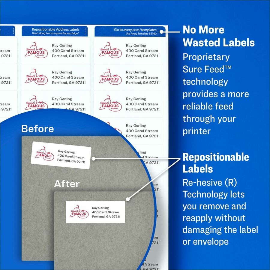 Avery® Repositionable Labels, Sure Feed, 2" x 4" , 1,000 Labels (55163) - 2" Width x 4" Length - Rectangle - Laser - White - Paper - 10 / Sheet - 100 Total Sheets - 1000 Total Label(s) - 5 - Repositionable, Adhesive, Customizable
