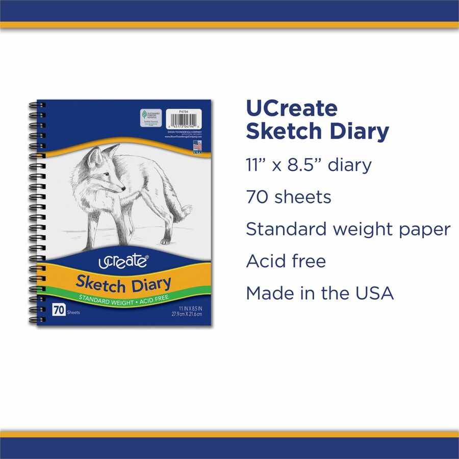 UCreate Art1st Sketch Diary - 70 Sheets - Plain - Spiral - 9" x 6" - White Paper - Acid-free - Recycled - 1 / Pad