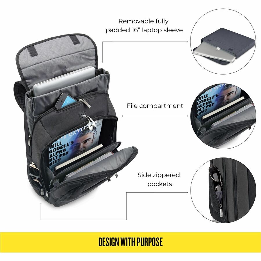 Solo Sterling Carrying Case (Backpack) for 16" Notebook - Black - Ballistic Poly, Polyester Body - Checkpoint Friendly - Backpack Strap, Handle - 12.8" Height x 17.5" Width x 5" Depth - 1 Each