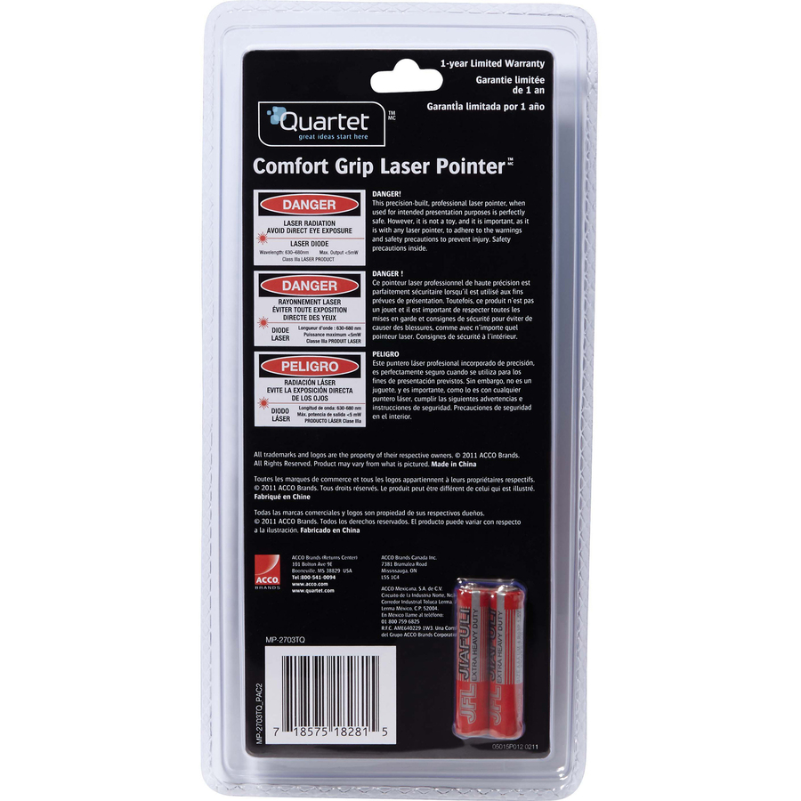 Quartet Classic Comfort Laser Pointer - Class 3a - For Large Venue - Red Light - 919 ft Maximum Projection - 1 Each