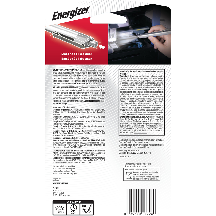 Energizer Aluminum Pen LED Flashlight - AAA - AluminumBody, MetalClip - Silver - Emergency & Flashlights - EVEPLED23AEH