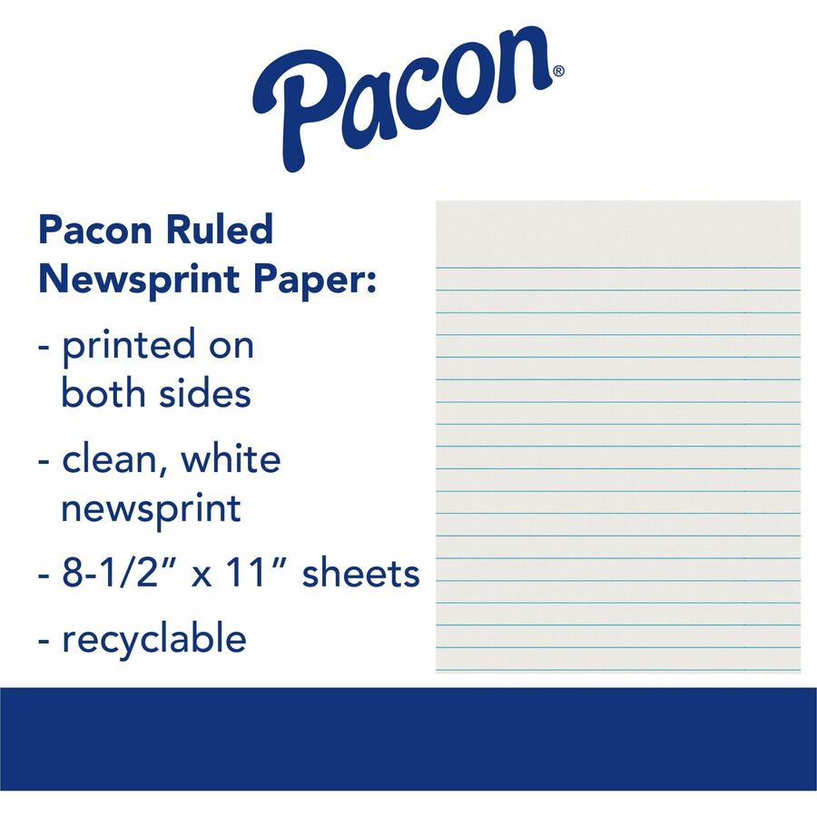 Pacon Newsprint Practice Paper - 500 Sheets - 0.38 Ruled - Letter - 8 1/2 x  11 - White Paper - 1 / Ream - Filo CleanTech