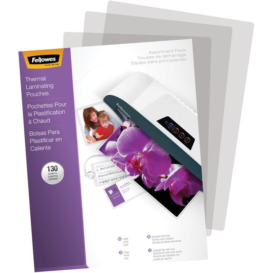 Fellowes Laminating Pouch Starter Kit, 130 pack - Laminating Pouch/Sheet Size: 9" Width x 3 mil Thickness - Type G - Glossy - for Photo, Document, Business Card, Luggage Tag, Letter - Durable - Clear - 130 / Pack - Laminating Supplies - FEL5208502