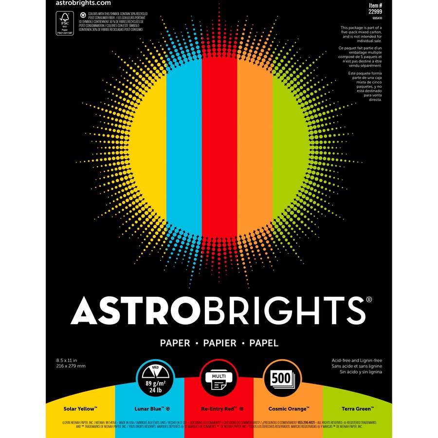 Astrobrights Inkjet, Laser Colored Paper - Solar Yellow, Lunar Blue, Re-entry Red, Cosmic Orange, Terra Green - Letter - 8 1/2" x 11" - 24 lb Basis Weight - 2500 / Carton - FSC - Copy & Multi-Use Coloured Paper - NEE22999