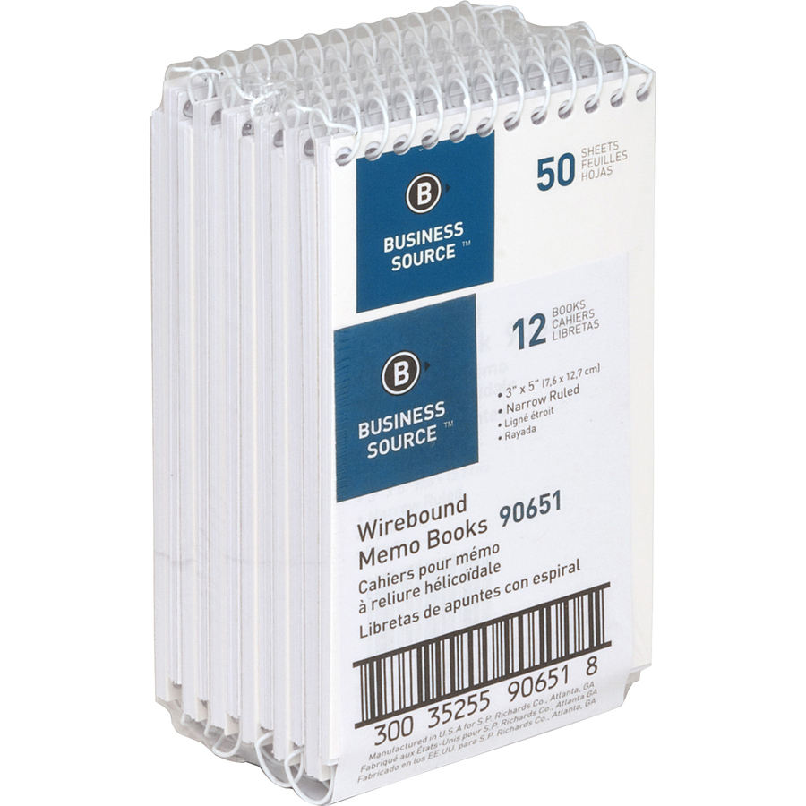 Business Source Wirebound Memo Books - 50 Sheet(s) - Wire Bound - 5" x 3" Sheet Size - White - White Sheet(s) - 1 Dozen