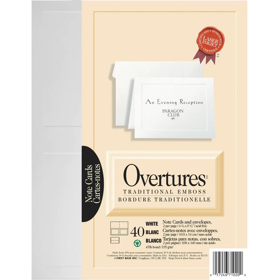 First Base Overtures Laser, Inkjet Note Card - White - Recycled - 4 1/4" x 5 1/2" - 47 lb Basis Weight - 40 / Pack - Note Cards - FST71020