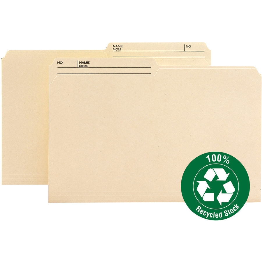 Smead 1/2 Tab Cut Legal Recycled Top Tab File Folder - 9 1/2" x 14 5/8" - 3/4" Expansion - Top Tab Location - Second Tab Position - Manila, Paper - 10% Recycled - 100 / Box - Top Tab Manila Folders - SMD15329