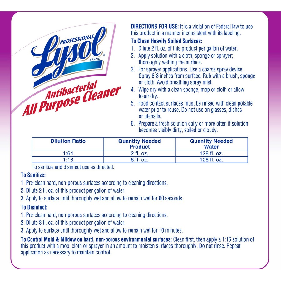 Professional Lysol Antibacterial All Purpose Cleaner - Concentrate - 128 fl oz (4 quart) - 1 Each - Anti-bacterial, Deodorize, Disinfectant - Clear/Fluorescent Green