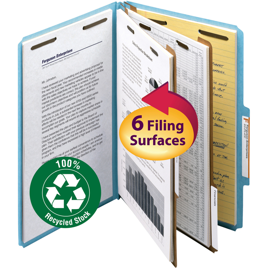 Smead 2/5 Tab Cut Legal Recycled Classification Folder - 8 1/2" x 14" - 2" Expansion - 2 x 2K Fastener(s) - 1" Fastener Capacity, 2" Fastener Capacity - Top Tab Location - Right of Center Tab Position - 2 Divider(s) - Pressboard - Blue - 30% Recycled - 10 - Pressboard Classification Folders - SMD19021