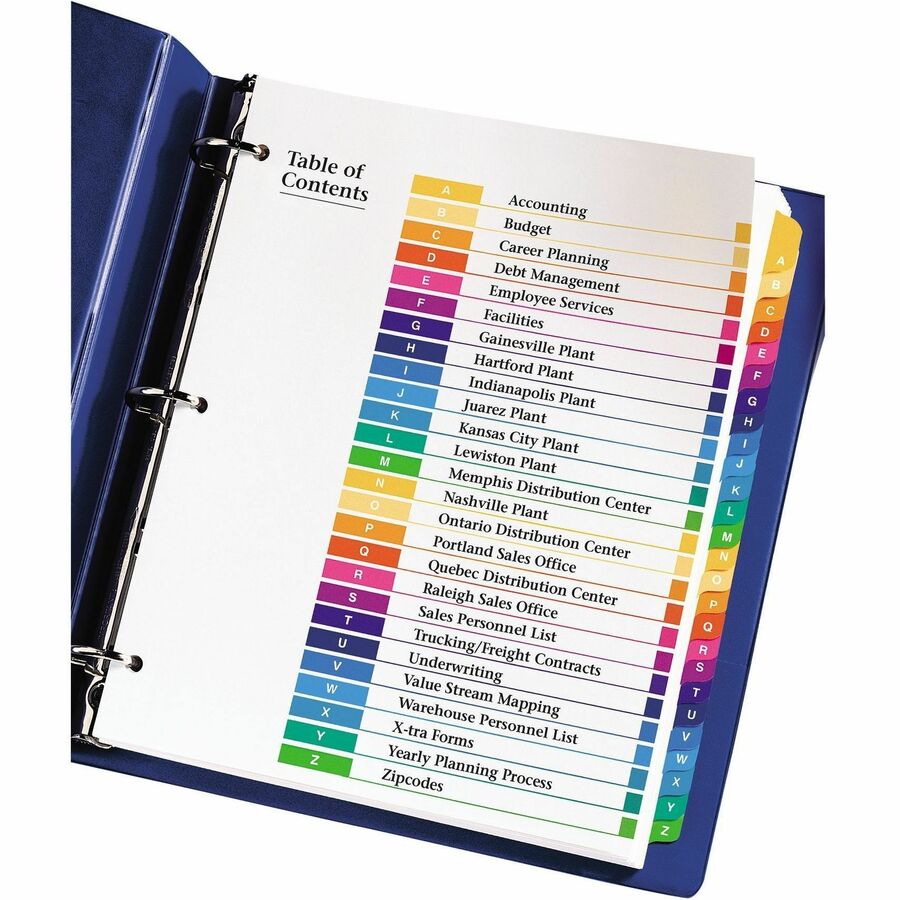 Avery® Ready Index® Table of Contents Dividers for Laser and Inkjet Printers, A-Z - 26 x Divider(s) - A-Z - 26 Tab(s)/Set - 8.5" Divider Width x 11" Divider Length - 3 Hole Punched - White Paper Divider - Multicolor Paper Tab(s) - Recycled - 26 / 