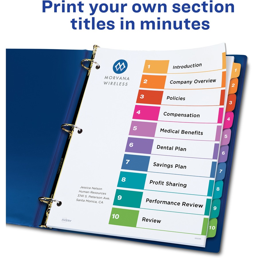 Avery® Ready Index(R) 10-Tab Binder Dividers, Customizable Table of Contents, Multicolor Tabs, 24 Sets (11169) - 240 x Divider(s) - 1-10, Table of Contents - 10 Tab(s)/Set - 8.50" Divider Width x 11" Divider Length - 3 Hole Punched - White Paper Divid - Index Dividers - AVE11169