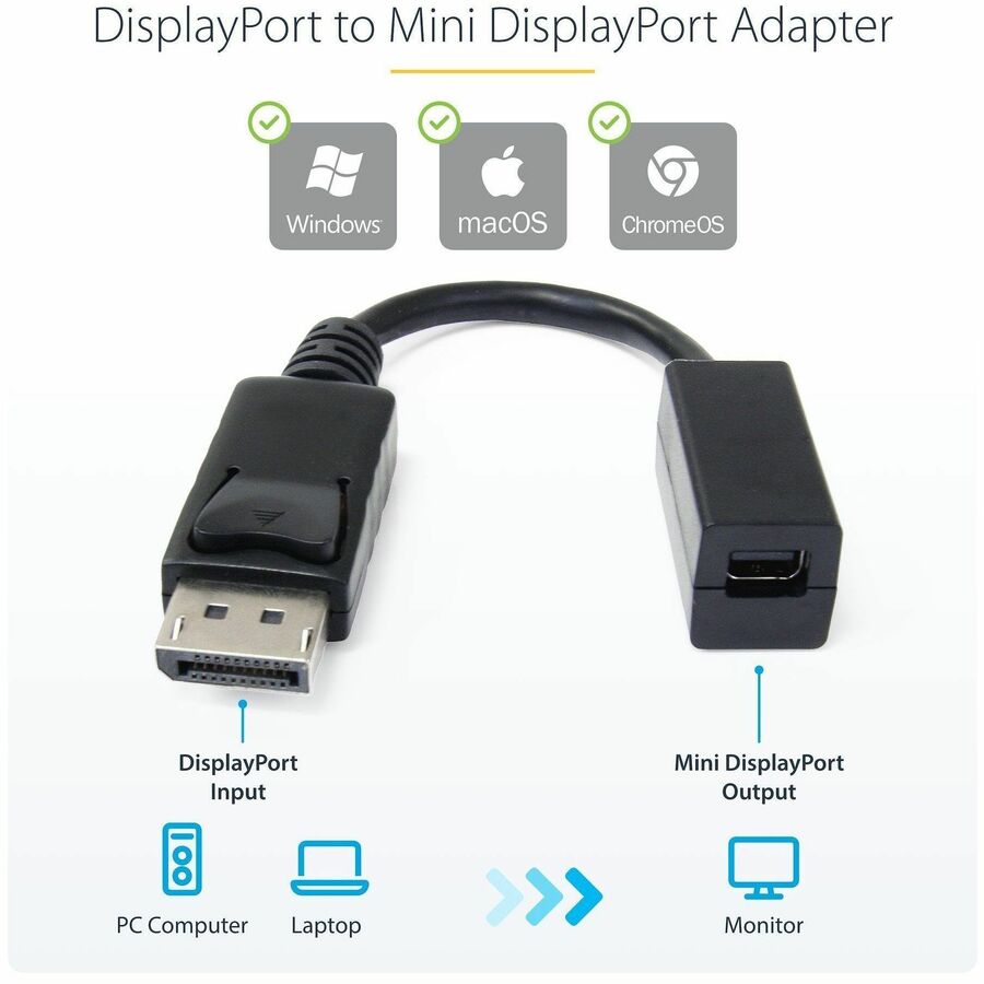 StarTech 6in (15cm) DisplayPort to Mini DisplayPort Cable, 4K x 2K Video, DP Male to Mini DP Female Adapter Cable, DP to mDP 1.2