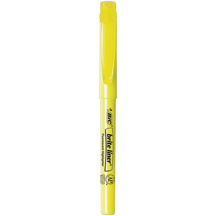 BIC Brite Liner Highlighters - Chisel Marker Point Style - Fluorescent Yellow Water Based Ink - 12 / Dozen - Pen-Style Highlighters - BICBL11YEL