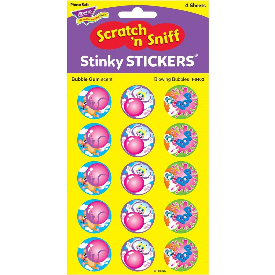 Trend Blowing Bubbles, Bubblegum scent Scratch 'n Sniff Stinky Stickers - Large Round - Accomplishment, Fun Theme/Subject - Acid-free, Non-toxic, Photo-safe - 1" (25.4 mm) Diameter - 60 / Pack - Stickers - TEPT6402