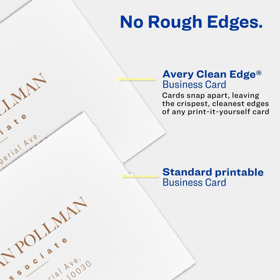 Avery® Clean Edge Business Cards, 2" x 3.5" , Glossy, 200 (08859) - 110 Brightness - 8 1/2" x 11" - 83 lb Basis Weight - 227 g/m² Grammage - Glossy - 200 / Pack - Heavyweight, Rounded Corner, Smooth Edge, Jam-free, Smudge-free, Double-sided, Prin
