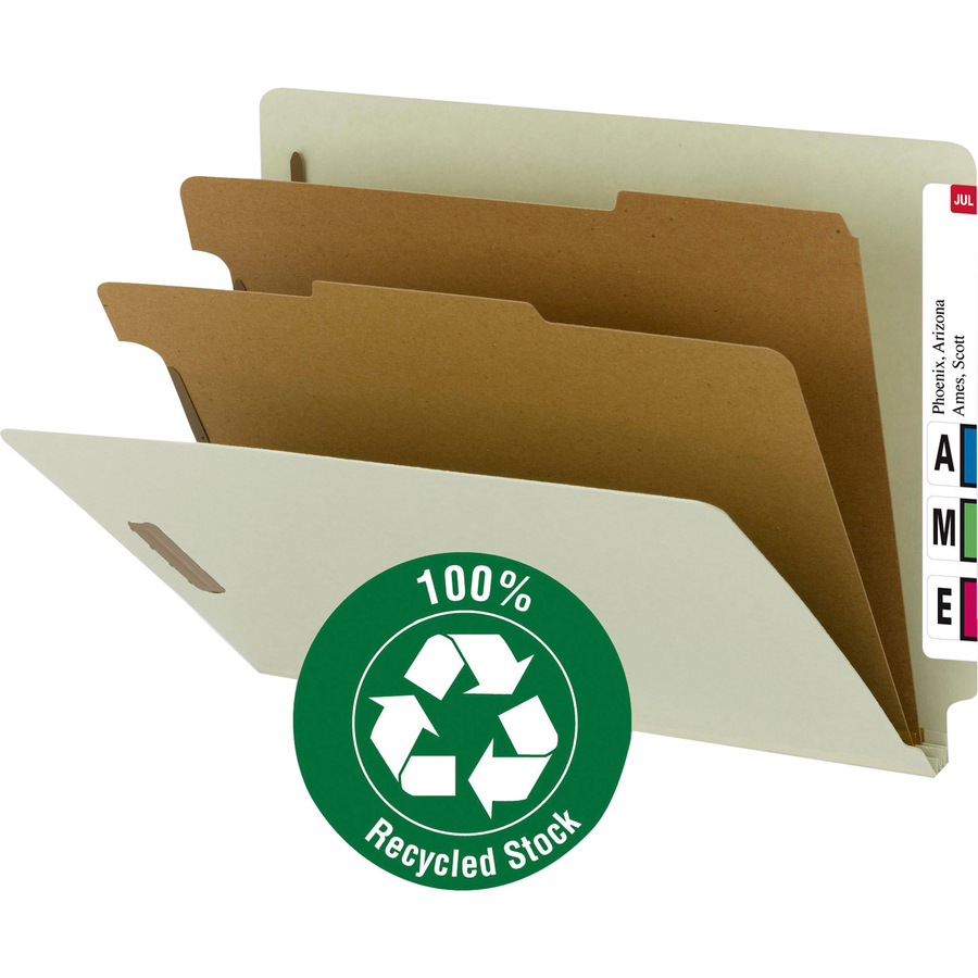 Smead Letter Recycled Classification Folder - 8 1/2" x 11" - 2" Expansion - 2 x 2K Fastener(s) - 2 Divider(s) - Pressboard - Gray, Green - 100% Recycled - 10 / Box - End Tab Classification Folders - SMD26802