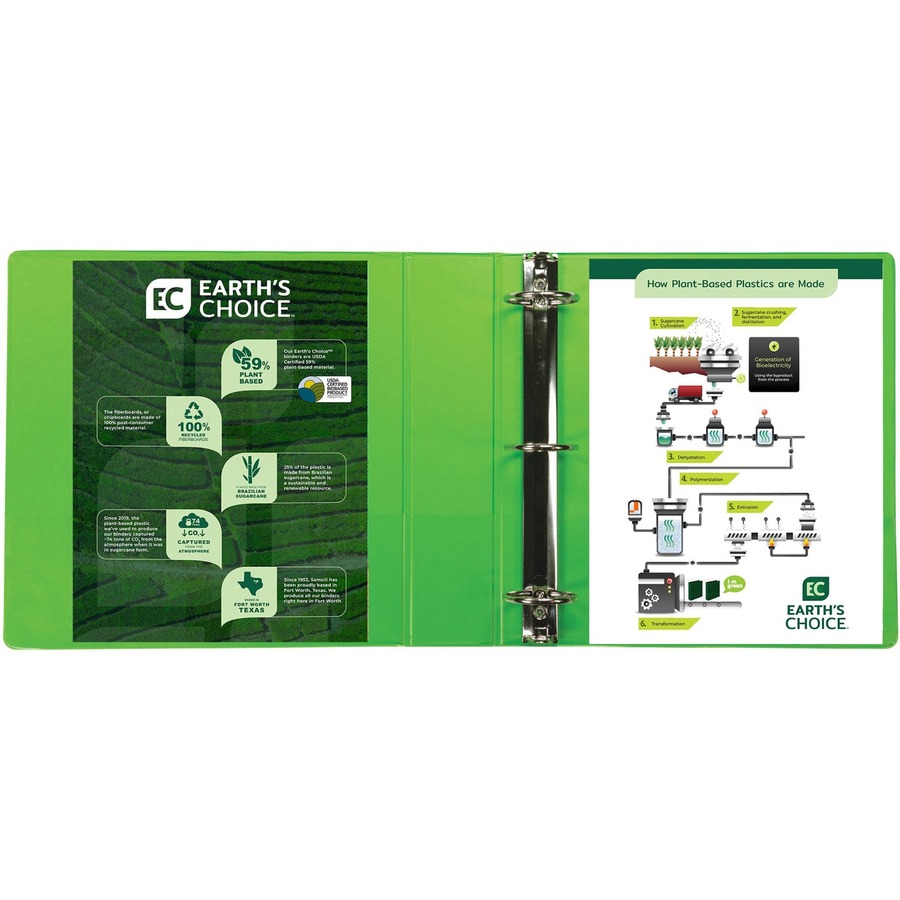 Samsill Earth's Choice Plant-based View Binders - 2" Binder Capacity - Letter - 8 1/2" x 11" Sheet Size - 425 Sheet Capacity - 3 x Round Ring Fastener(s) - 2 Internal Pocket(s) - Chipboard, Polypropylene, Plastic - Lime - 2.24 lb - Recycled - Clear Overla