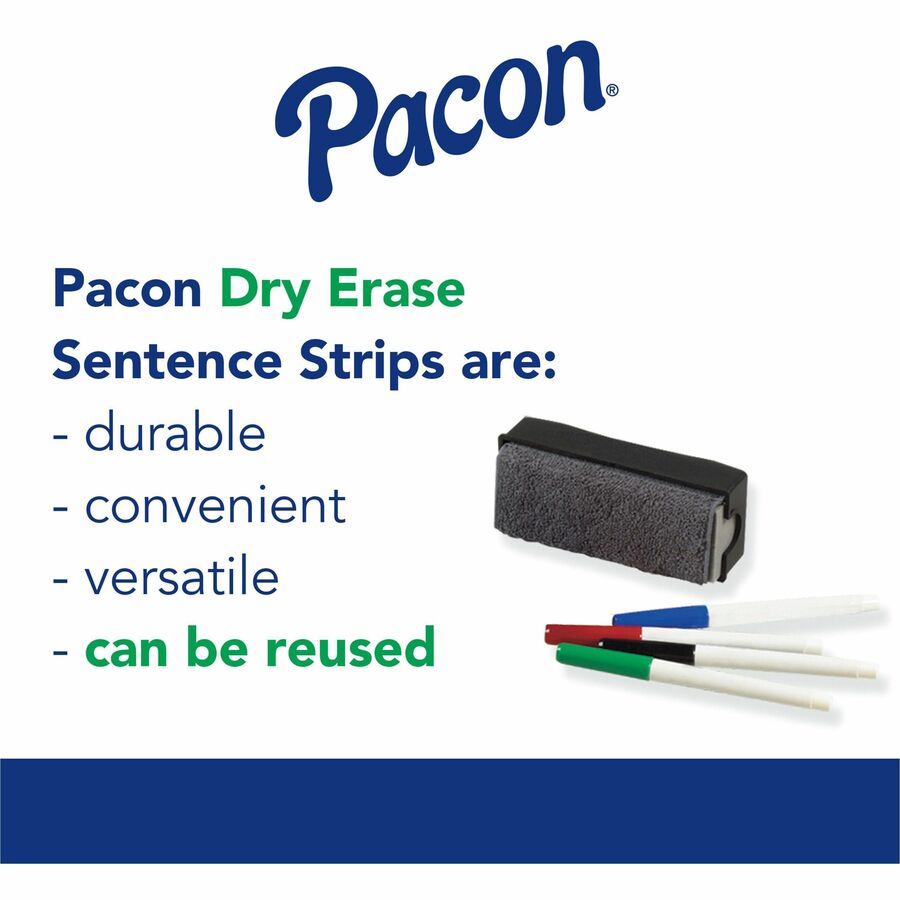 Pacon® Dry Erase Sentence Strips - 3"H x 24"W - 1.5" Ruled - Dry Erase - 30 Strips/Pack - 3 Assorted Colors