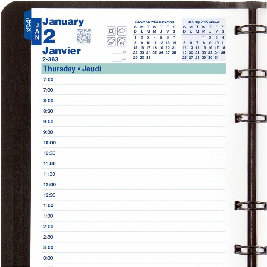 Blueline MiracleBind Soft Cover Planner - Daily - 2018 - 7:00 AM to 7:30 PM - Half-hourly - 1 Day Single Page Layout - 5" x 8" Sheet Size - Twin Wire - Black - Address Directory, Phone Directory, Pocket, Laminated, Bilingual - Appointment Books & Planners - BLICF150381BT