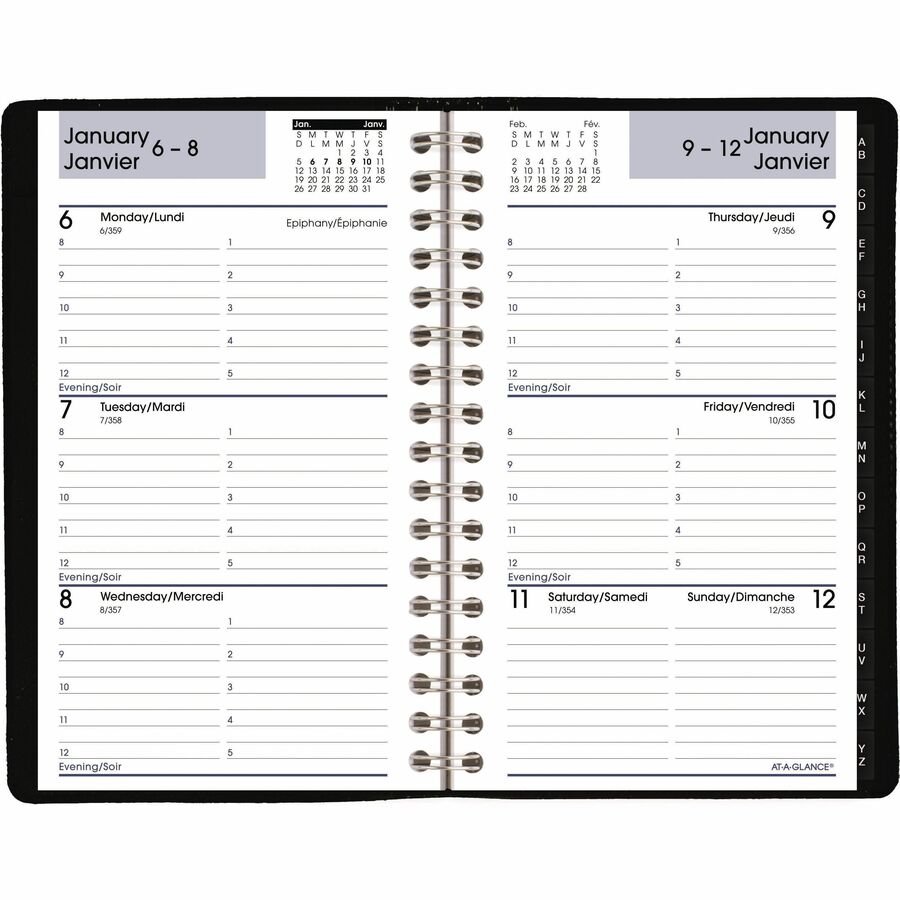 At-A-Glance Appointment Planner - Julian Dates - Weekly - 1 Year - January 2021 till December 2021 - 8:00 AM to 5:00 PM - Hourly - 1 Week Double Page Layout - 3 3/4" x 6" Sheet Size - Wire Bound - Black - Leather, Paper - Bilingual, Non-refillable, Addres - Appointment Books & Planners - AAGGF25000