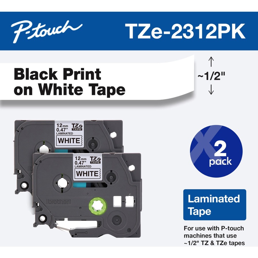 Brother 1/2" Black/White TZe Laminated Tape Value Pack - 1/2" Width - Black, White - 2 / Pack - Water Resistant - Grease Resistant, Grime Resistant, Temperature Resistant