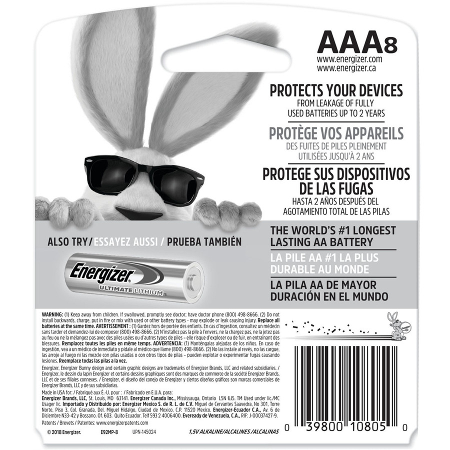 Energizer MAX Alkaline AAA Batteries - For Multipurpose - AAA - 1.5 V DC - 8 / Pack = EVEE92MP8