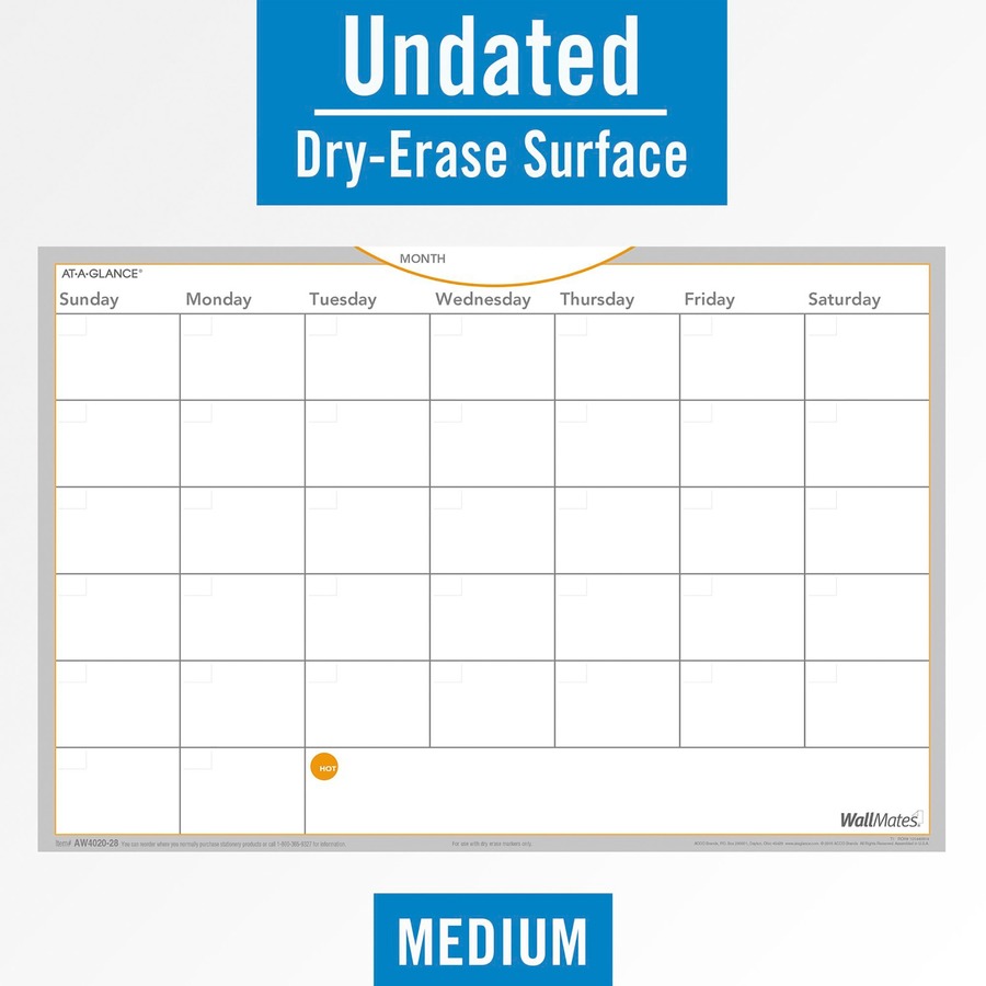 At-A-Glance WallMates Monthly Planning Surface - Monthly - 12" x 18" Sheet Size - White - Reference Calendar, Self-adhesive, Adhesive Backing, Residue-free, Dry Erase Surface - 1 Each