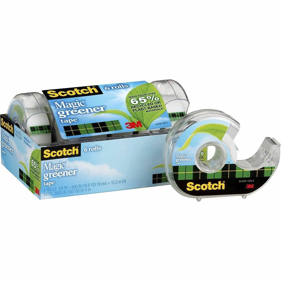 Scotch 3/4"W Magic Greener Tape - 16.67 yd Length x 0.75" Width - 1" Core - Dispenser Included - Handheld Dispenser - Split Resistant, Tear Resistant - For Packing - 6 / Pack - Matte - Clear