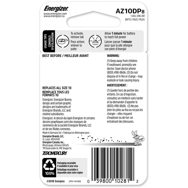 ENERGIZER 10 1.4V Zinc-Oxide Hearing Aid Battery 8 Pack (AZ10DP8)