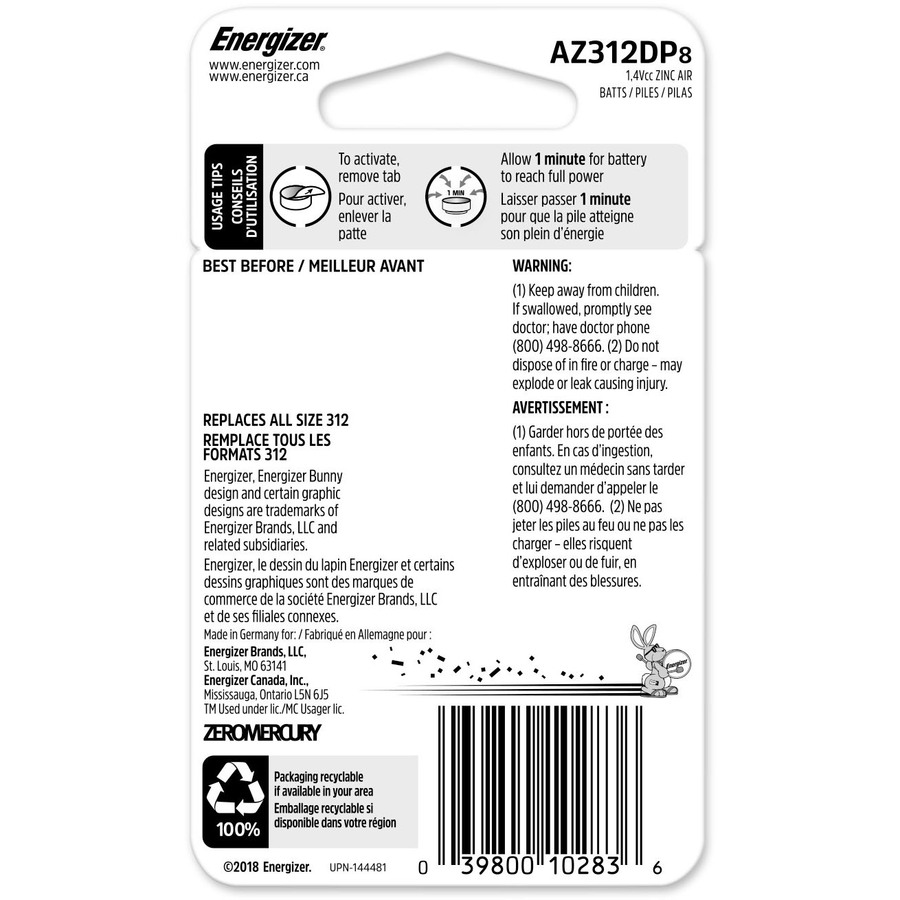 Energizer AZ312DP Coin Cell Hearing Aid Battery - For Hearing Aid - 1.4 V DC - 8 / Pack - Calculator & Watch Batteries - EVEAZ312DP8
