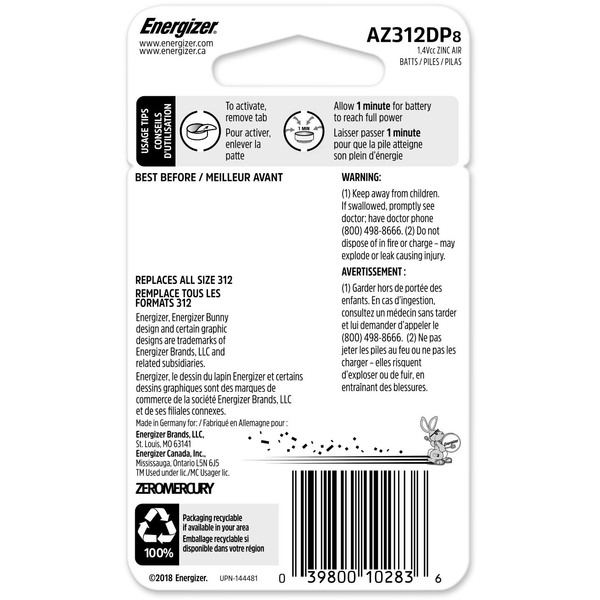 ENERGIZER 312 1.4V Zinc-Oxide Hearing Aid Battery 8 Pack (AZ312DP8)