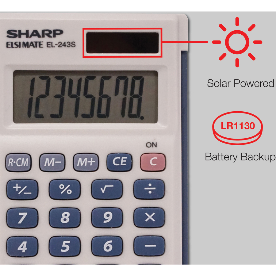 Sharp Calculators Handheld Calculator with Hard Case - 3-Key Memory, Sign Change, Auto Power Off - 8 Digits - LCD - Battery/Solar Powered - 1 - LR1130 - 0.4" x 2.5" x 4.1" - Gray, Blue - 1 Each = SHREL243SB