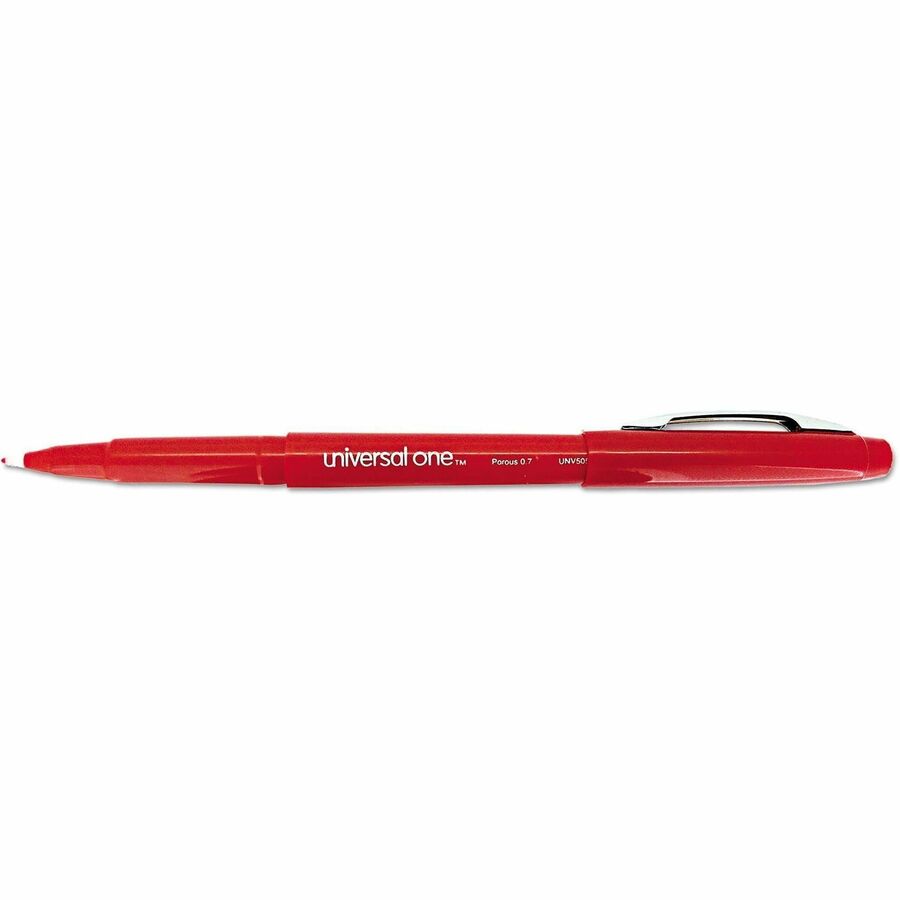 Universal Porous Point Pen, Stick, Medium 0.7 mm, Red Ink, Red Barrel, Dozen - 0.7 mm Medium Bullet Pen Point - Red Ink - Liquid - Red Barrel - 1 Dozen