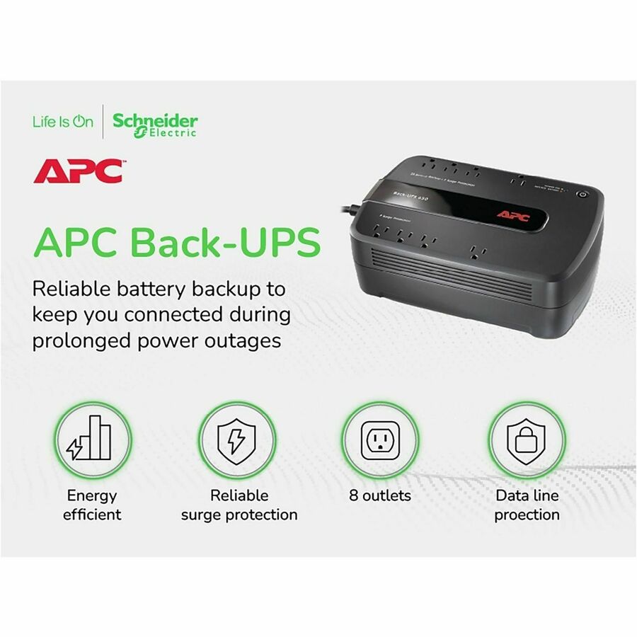 APC Back-UPS 650VA, 120V, 8 NEMA outlets (4 surge)