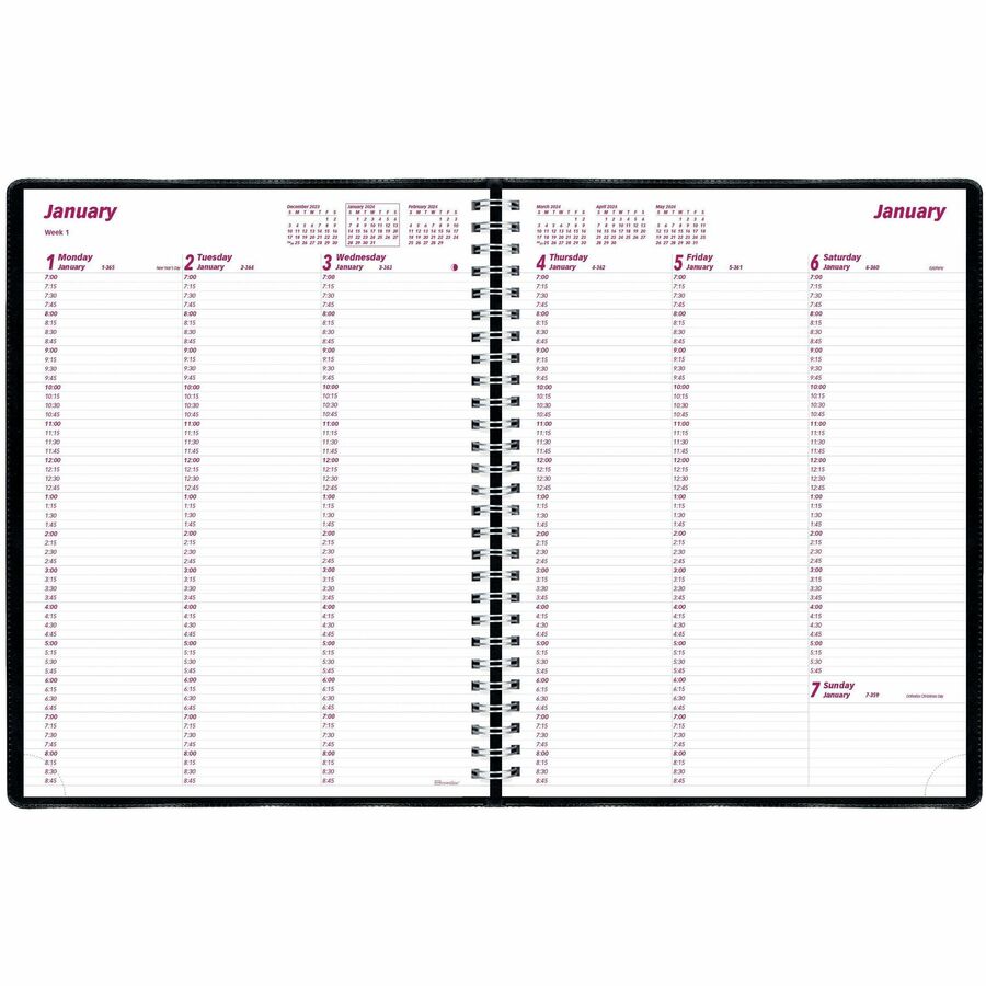 Brownline Soft Cover Twin-wire Weekly Planner - Julian Dates - Weekly - 1 Year - January 2024 - December 2024 - 7:00 AM to 8:45 PM - Quarter-hourly, 7:00 AM to 5:45 PM - Quarter-hourly - 11" x 8 1/2" Sheet Size - Twin Wire - Paper - Black CoverAppointment
