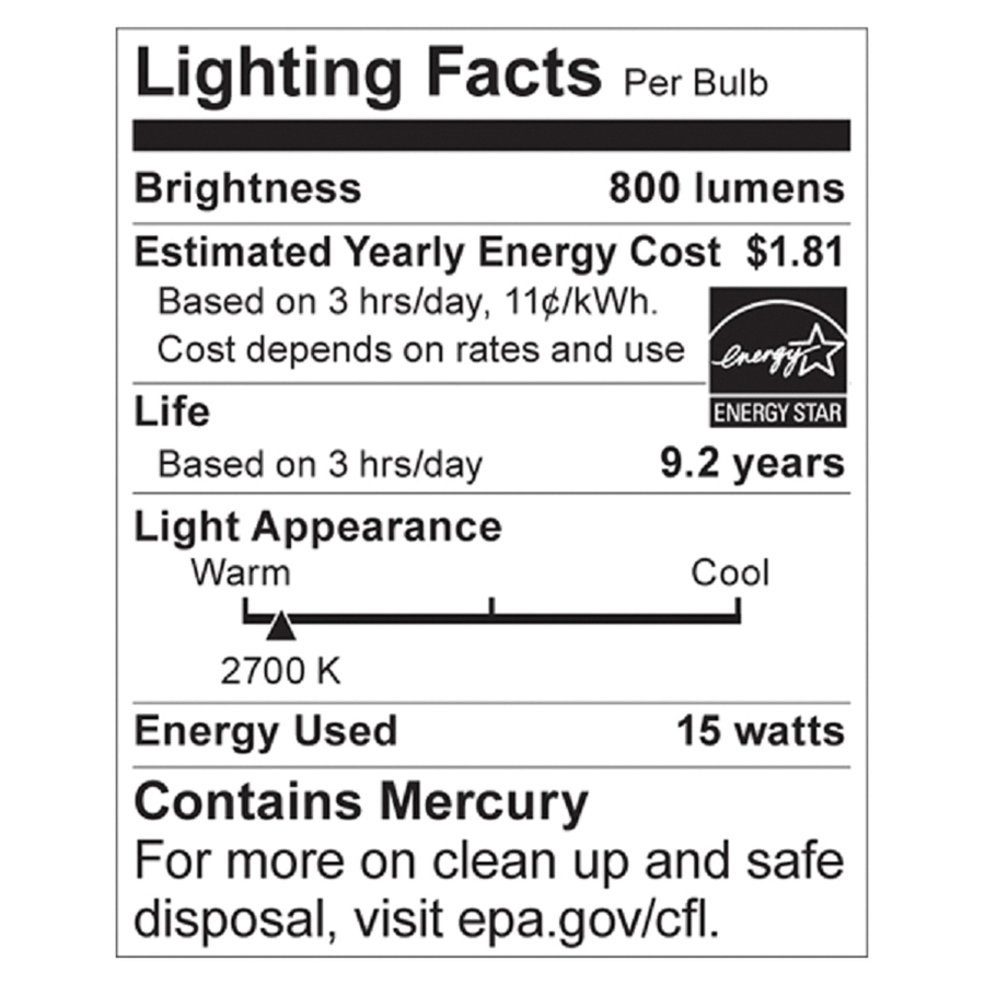 Satco 15-watt A19 CFL Bulb - 15 W - 120 V AC - Spiral - A19 Size - White Light Color - E26 Base - 10000 Hour - 4400.3°F (2426.8°C) Color Temperature - 82 CRI - Energy Saver - 1 Each - Light Bulbs & Tubes - SDNS7291