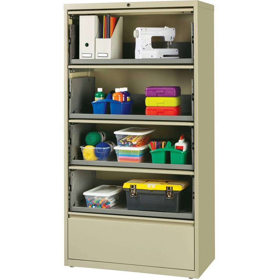 Lorell Receding Lateral File with Roll Out Shelves - 5-Drawer - 36" x 18.6" x 68.8" - 5 x Drawer(s) for File - A4, Legal, Letter - Ball-bearing Suspension, Recessed Handle, Leveling Glide, Heavy Duty, Interlocking - Putty - Recycled = LLR43512