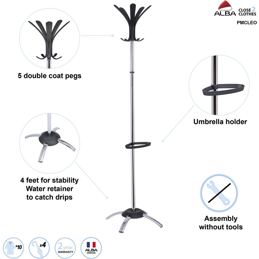Alba Chrome Coat Stand - 10 Pegs - for Coat, Umbrella - Steel - Chrome - 1 Each