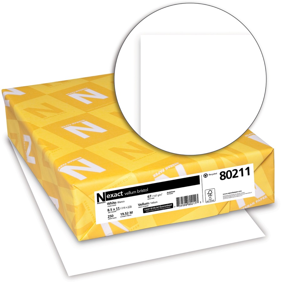 Exact Vellum Bristol Inkjet, Laser Copy & Multipurpose Paper - White - 30% - 94 Brightness - Letter - 8 1/2" x 11" - 67 lb Basis Weight - Vellum - 250 / Pack - FSC - Copy & Multi-use White Paper - NEE80211